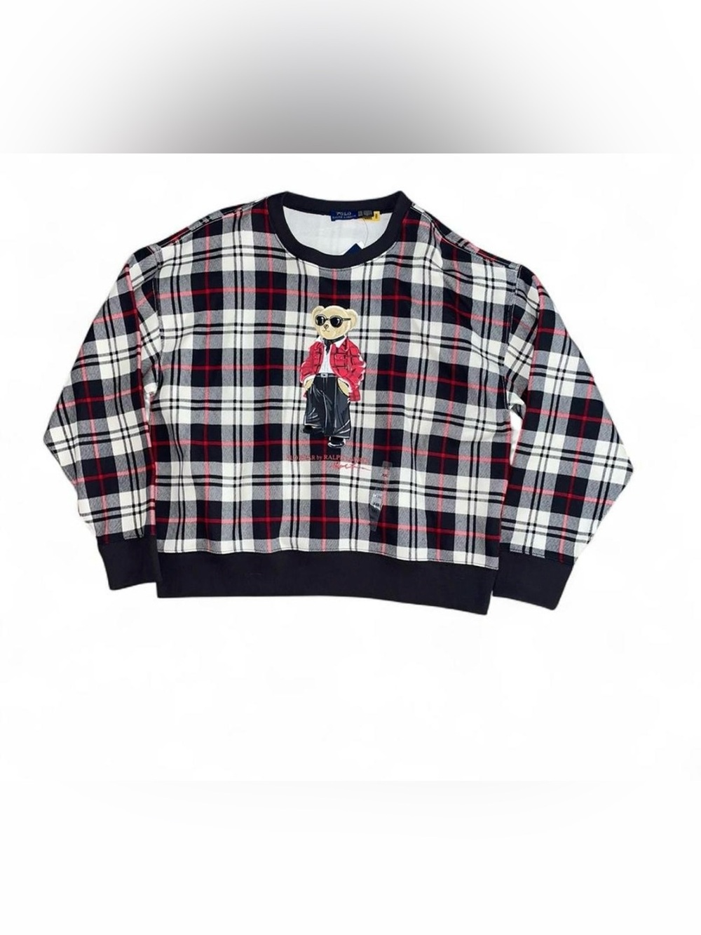 Polo Ralph Lauren black white red plaid crewneck sweatshirt polo bear XXL New